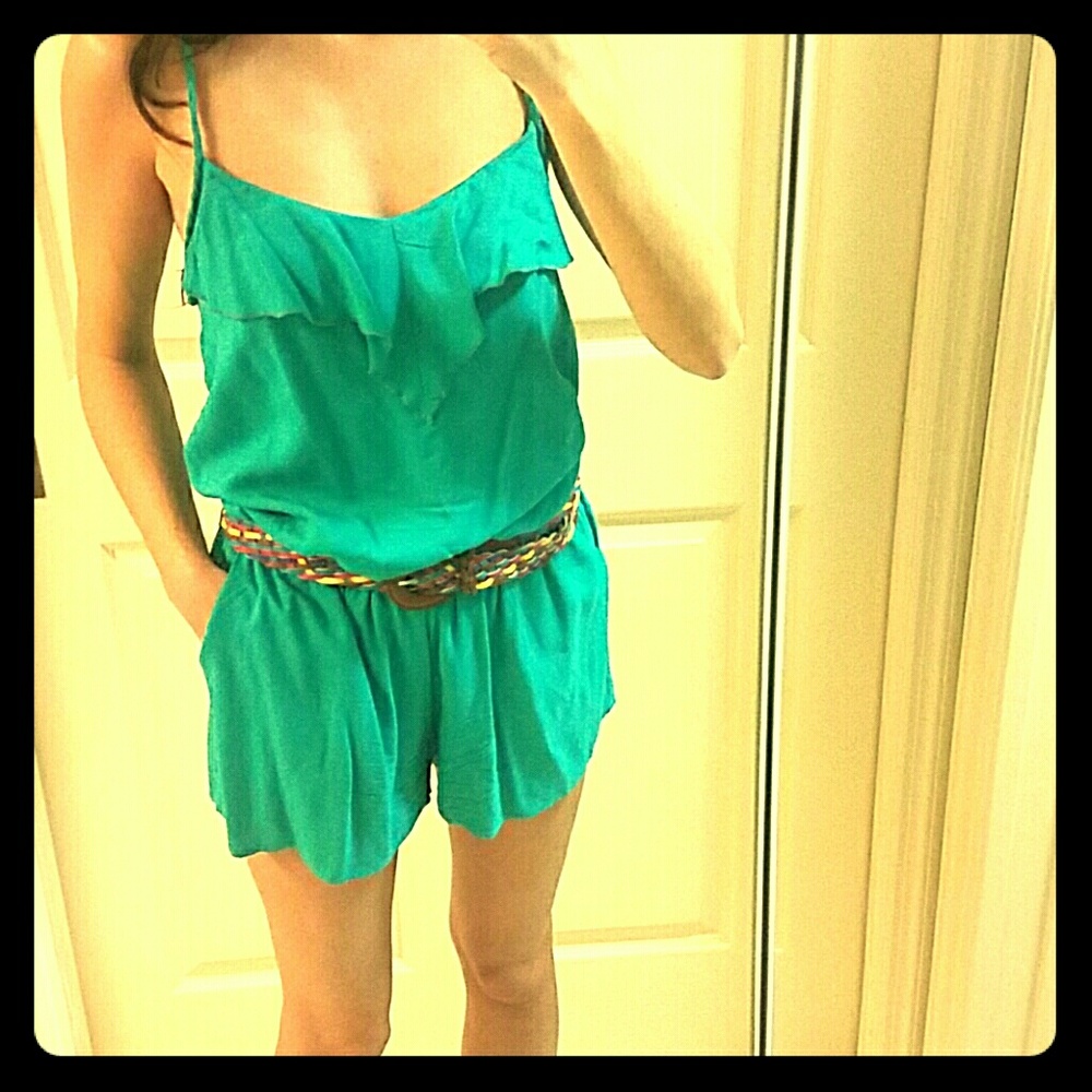 SOLD - Teal, belted romper