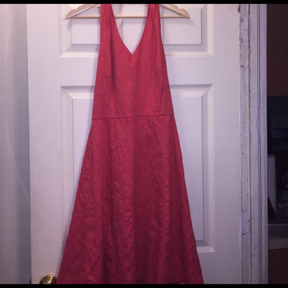 Ann Taylor salmon embroidered halter dress