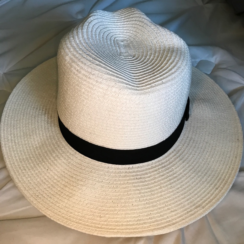 White Straw Hat with Black Band, One Size
