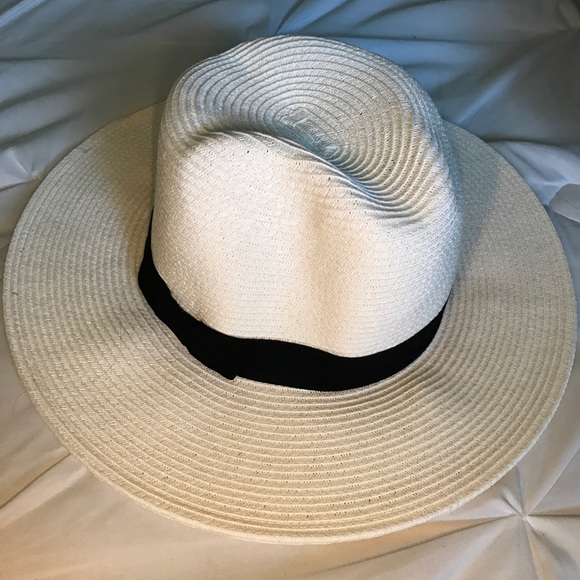 White Straw Hat with Black Band, One Size - Picture 5 of 5
