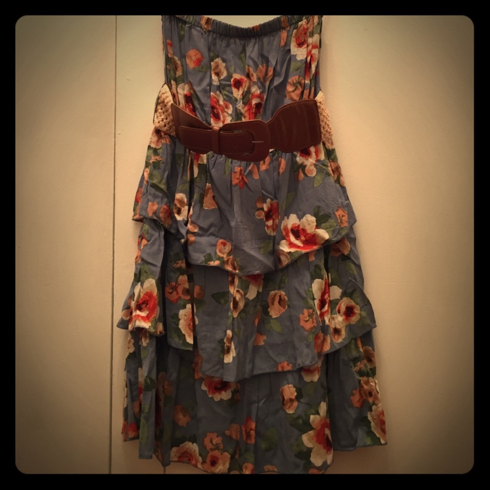 SOLD Strapless floral dress with crochet belt