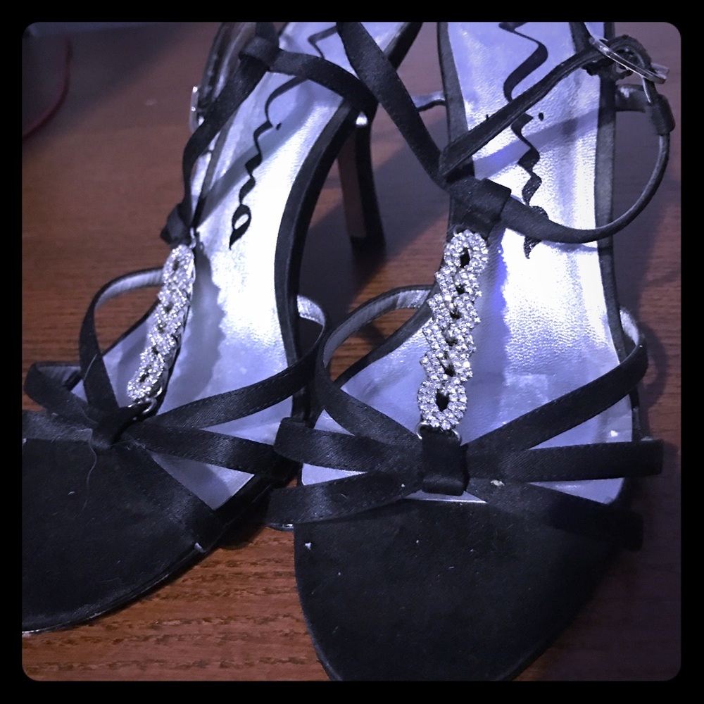 Black Satin Heels with Leather Base
