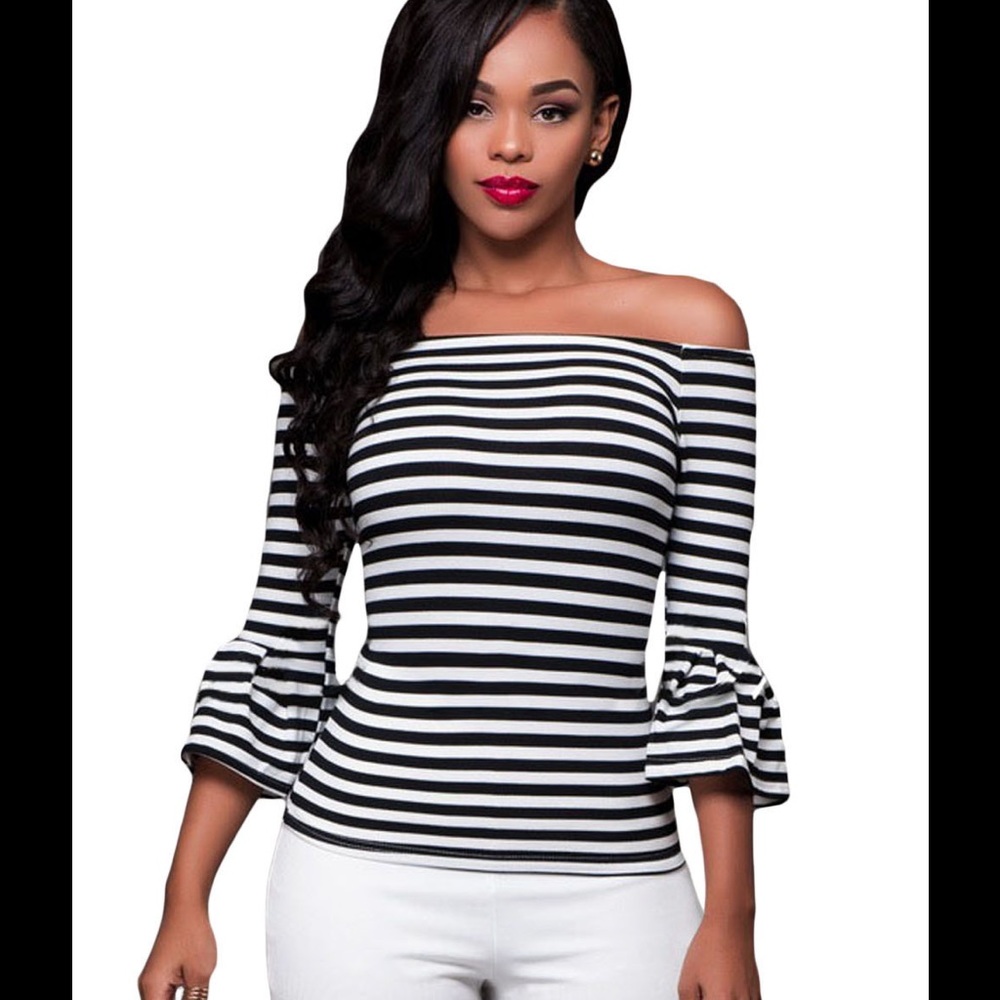 Pinstriped off-the-shoulder Top