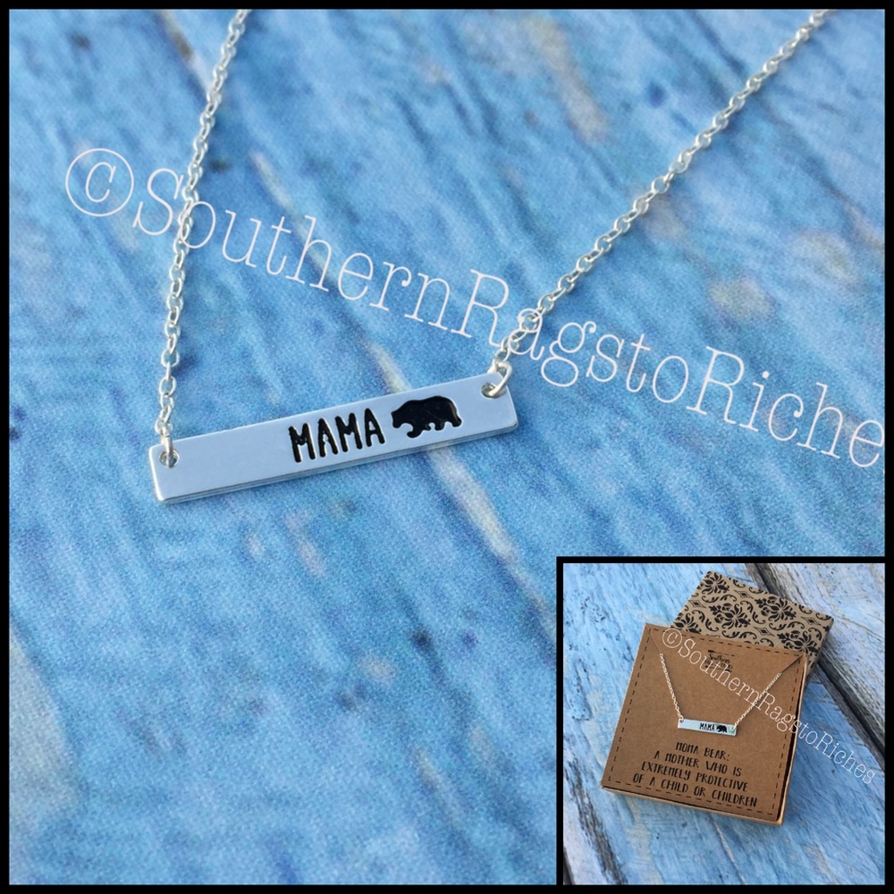 Mama Bear Horizontal Bar Silver Necklace Gift