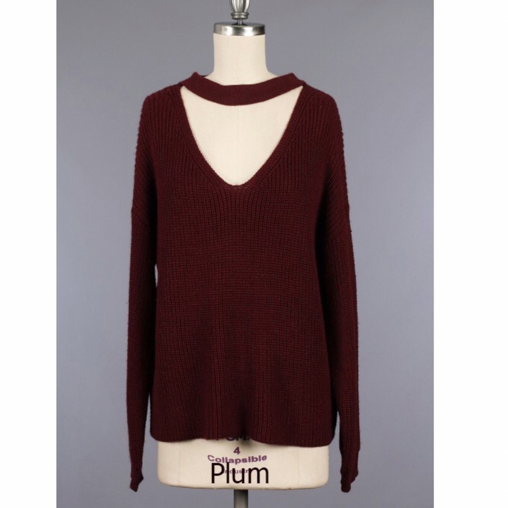 Plum knit sweater with choker neckline
