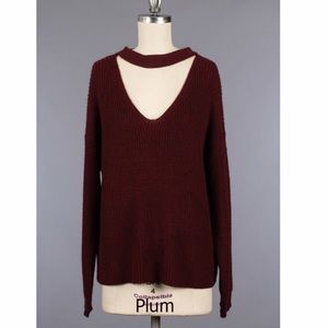 Plum knit sweater with choker neckline