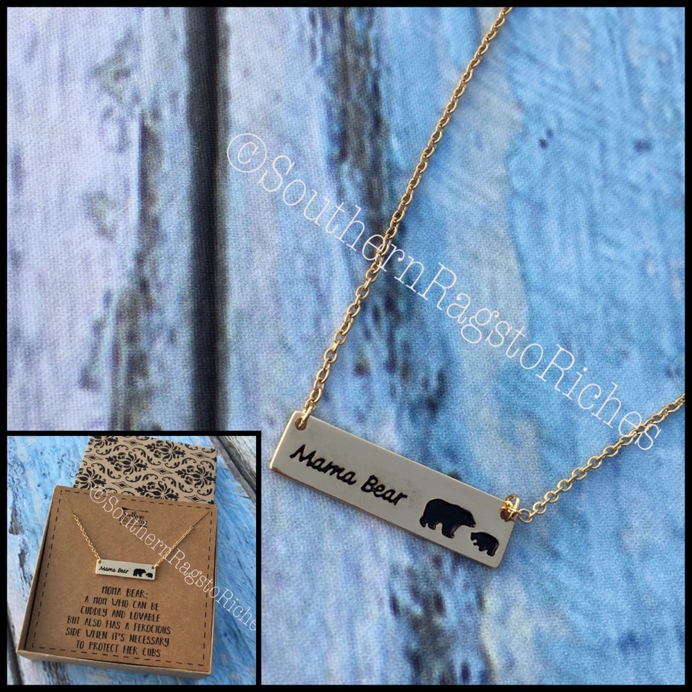 Mama Bear Baby Cub Horizontal Bar Gold Necklace