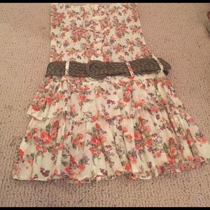 Strapless floral dress with green belt