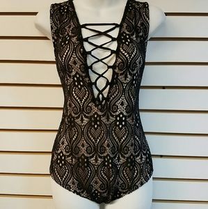 Nude Mesh/Black Bodysuit