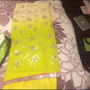 Green and beige sari and blouse with satin skirt