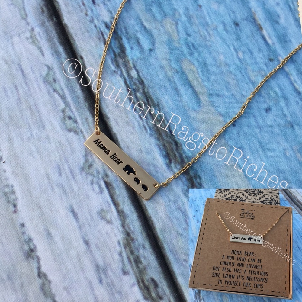 Mama Bear with Two Baby Cubs Bar Gold Necklace