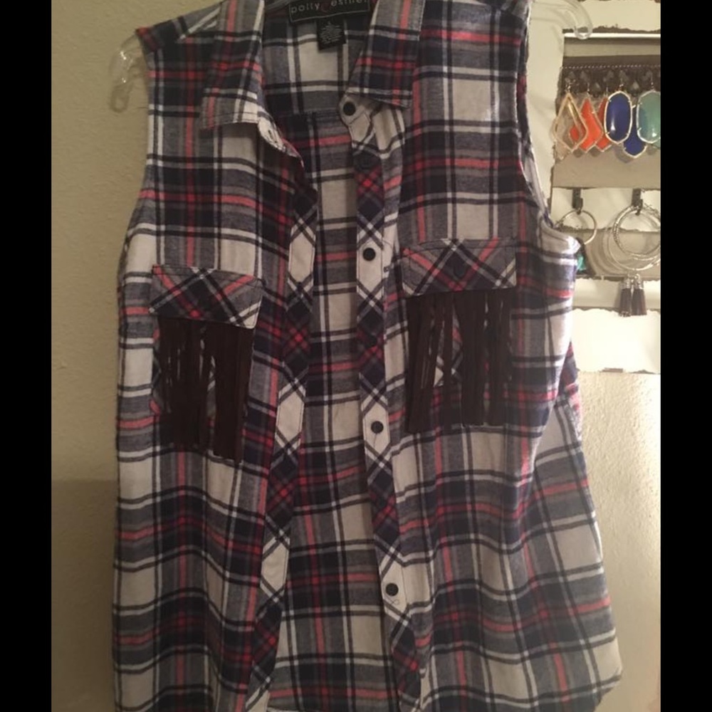 Sleeveless Flannel Top with Fringe