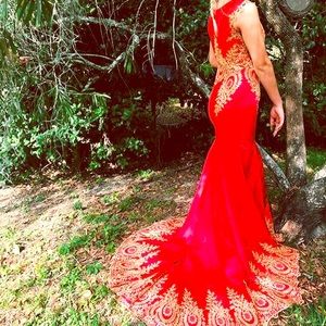 red and gold lace prom dress