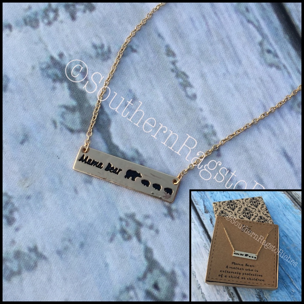 Mama Bear with Three Baby Cubs Bar Gold Necklace