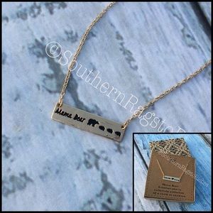 Mama Bear with Three Baby Cubs Bar Gold Necklace