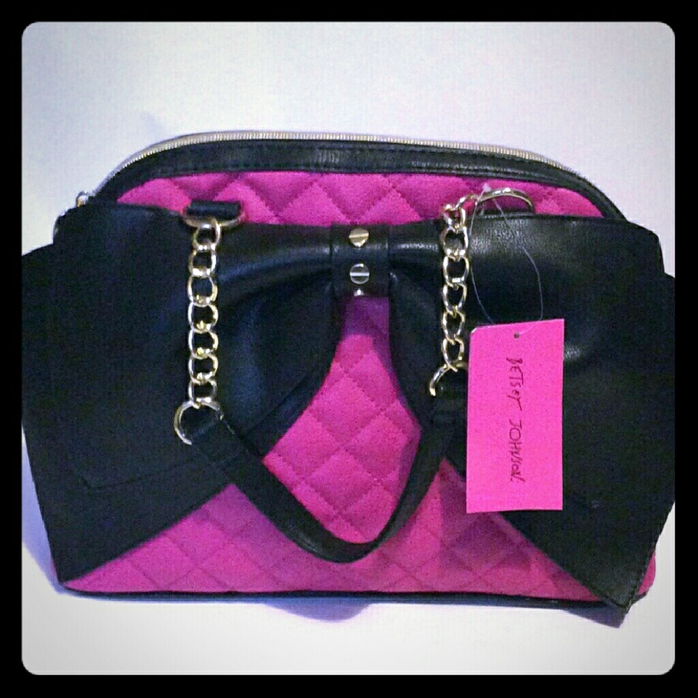 NEW Betsey Johnson Purse Bow Pink Black Gold NWT