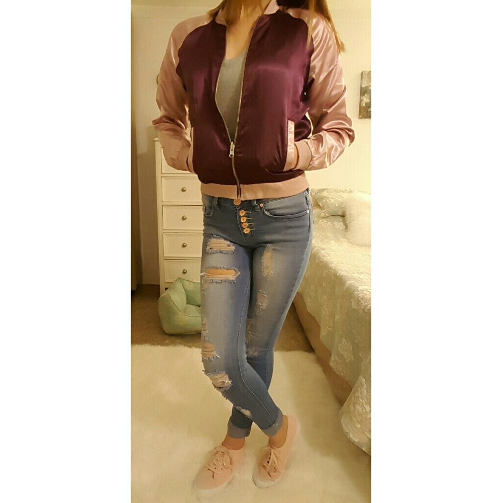 Reversible Pink And Purple Satin Bomber Jacket