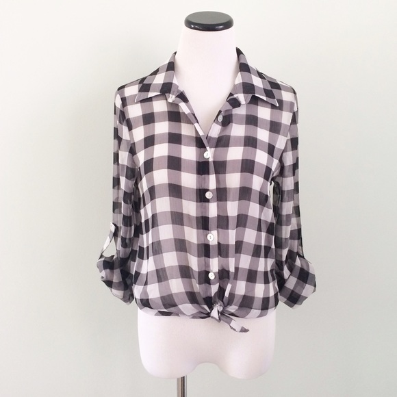 about a girl Tops - about a girl Black white check Hi low sheer Top