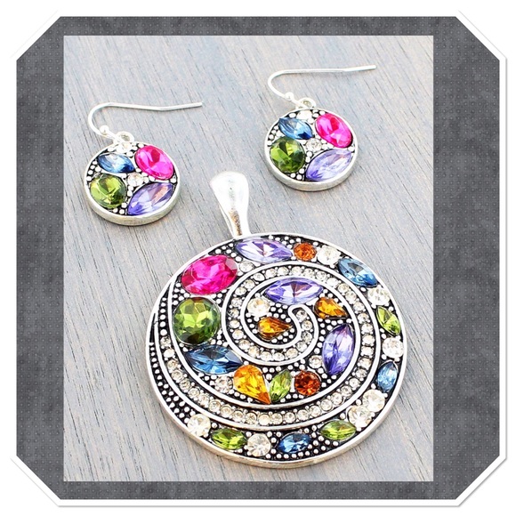 Boutique Jewelry - Rainbow Jeweled Swirl Pendant Set