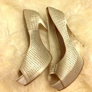 Silver peep toe diamond studded heels