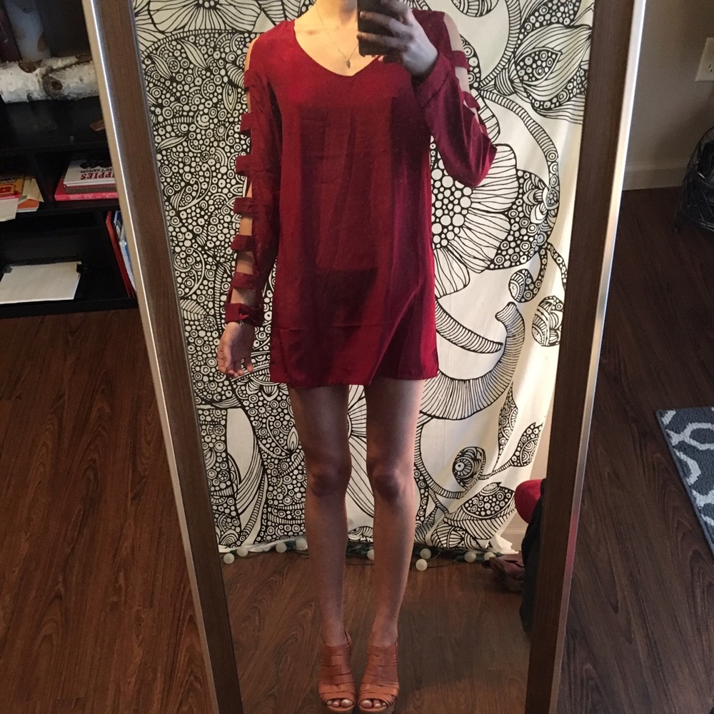 Red, partial sleeve mini dress