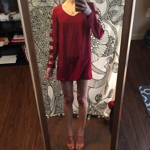 Red, partial sleeve mini dress