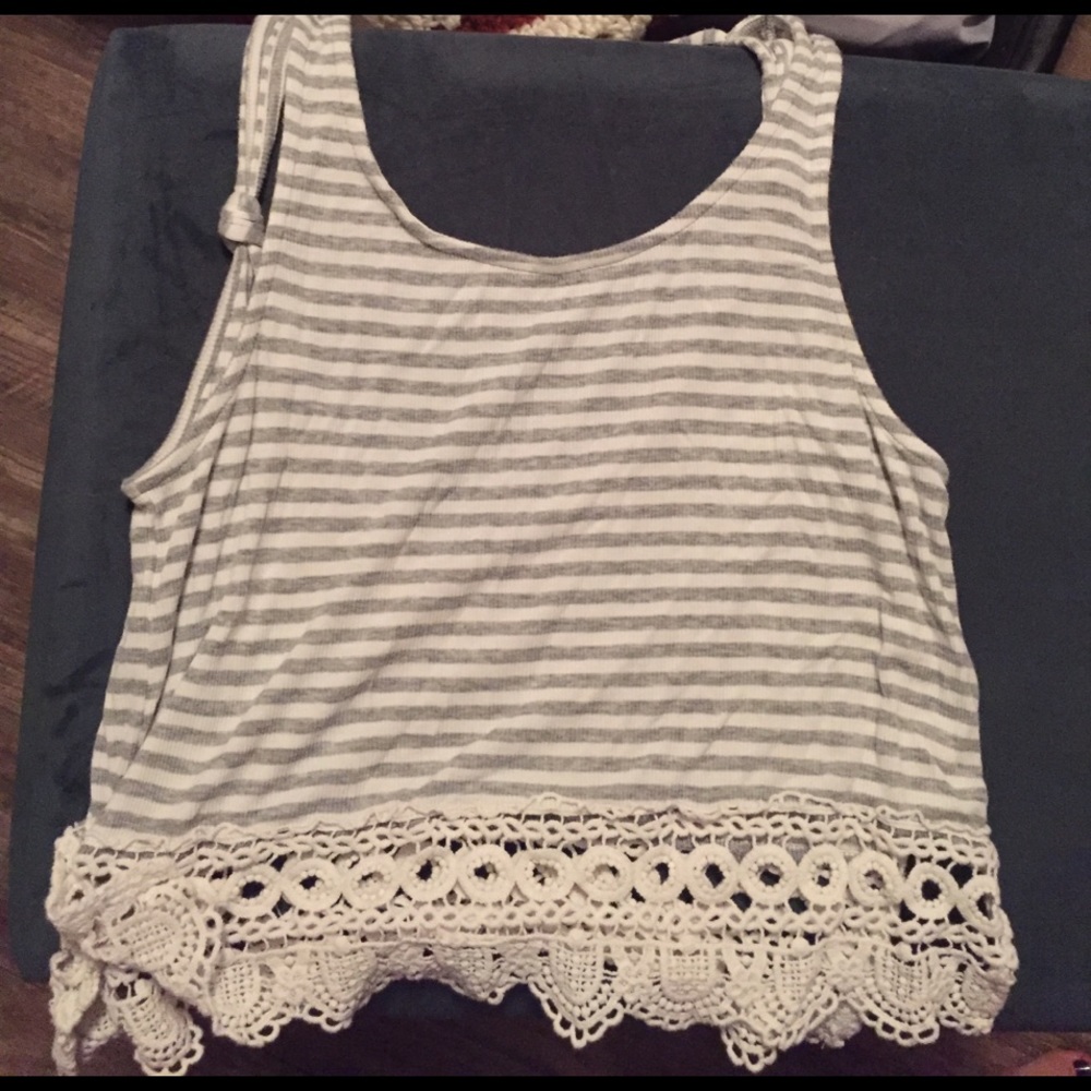 Grey and white striped shirt top with an open back