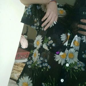 Sheer Black Floral Button Down short sleeve Shirt