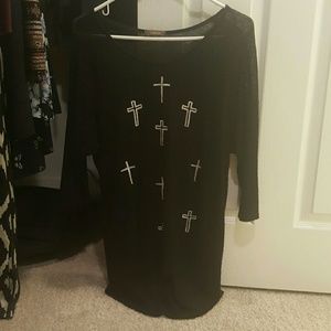 XL black sweater with white crosses.