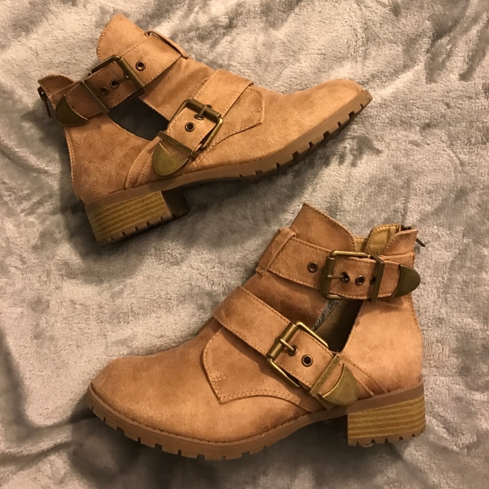 Tan buckle booties