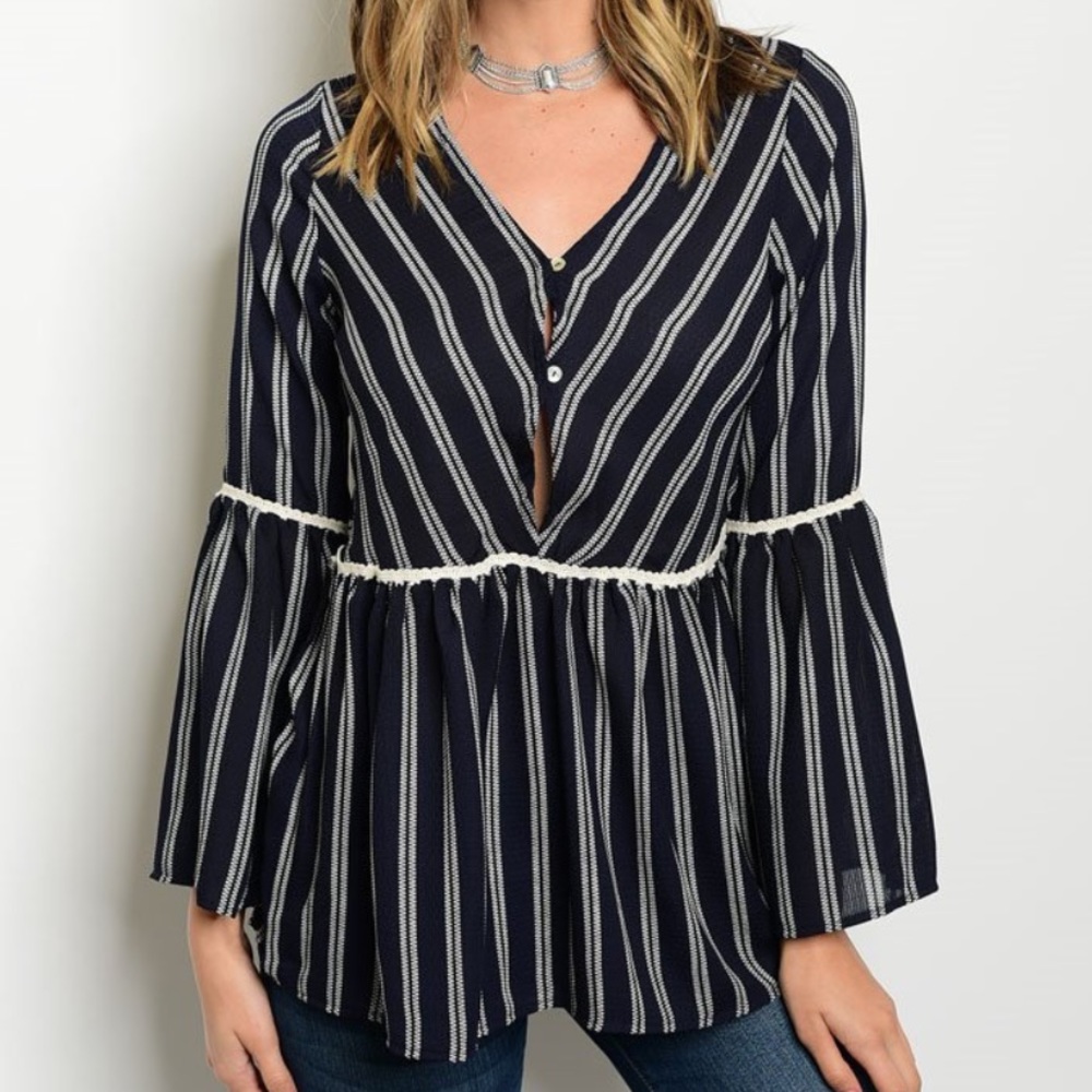 Navy/White Striped Bell Sleeve Top