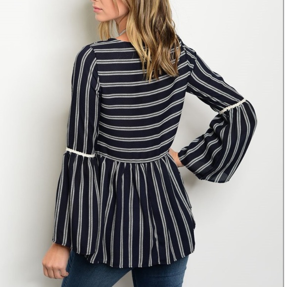Navy/White Striped Bell Sleeve Top - Picture 2 of 2