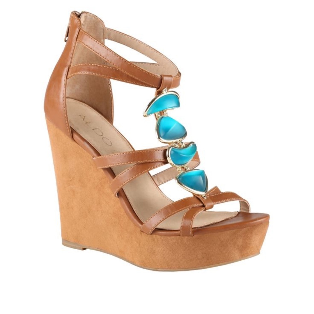 Tan wedges with turquoise accent