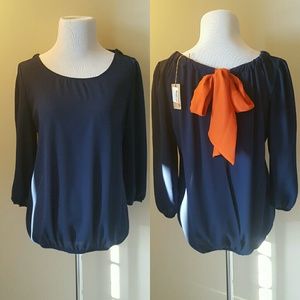 Navy Open-Back Blouse w/ Orange Ribbon Detail NWT