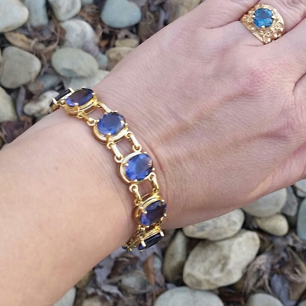 SOLD Vintage Gold Sterling Iolite Statement Bracelet