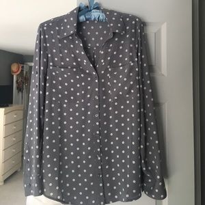 Gray and white polka dot Express Portofino blouse