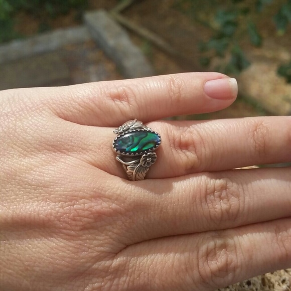 Native American Silver Abalone Squash Blossom Ring - Picture 2 of 4