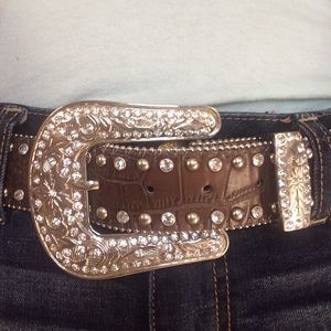 Western Rhinestone Brown Leather Belt