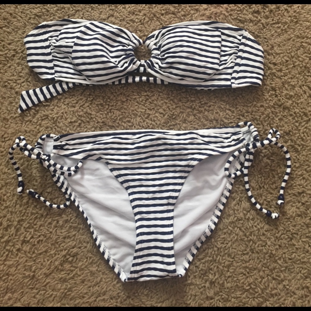 white and navy striped bikini