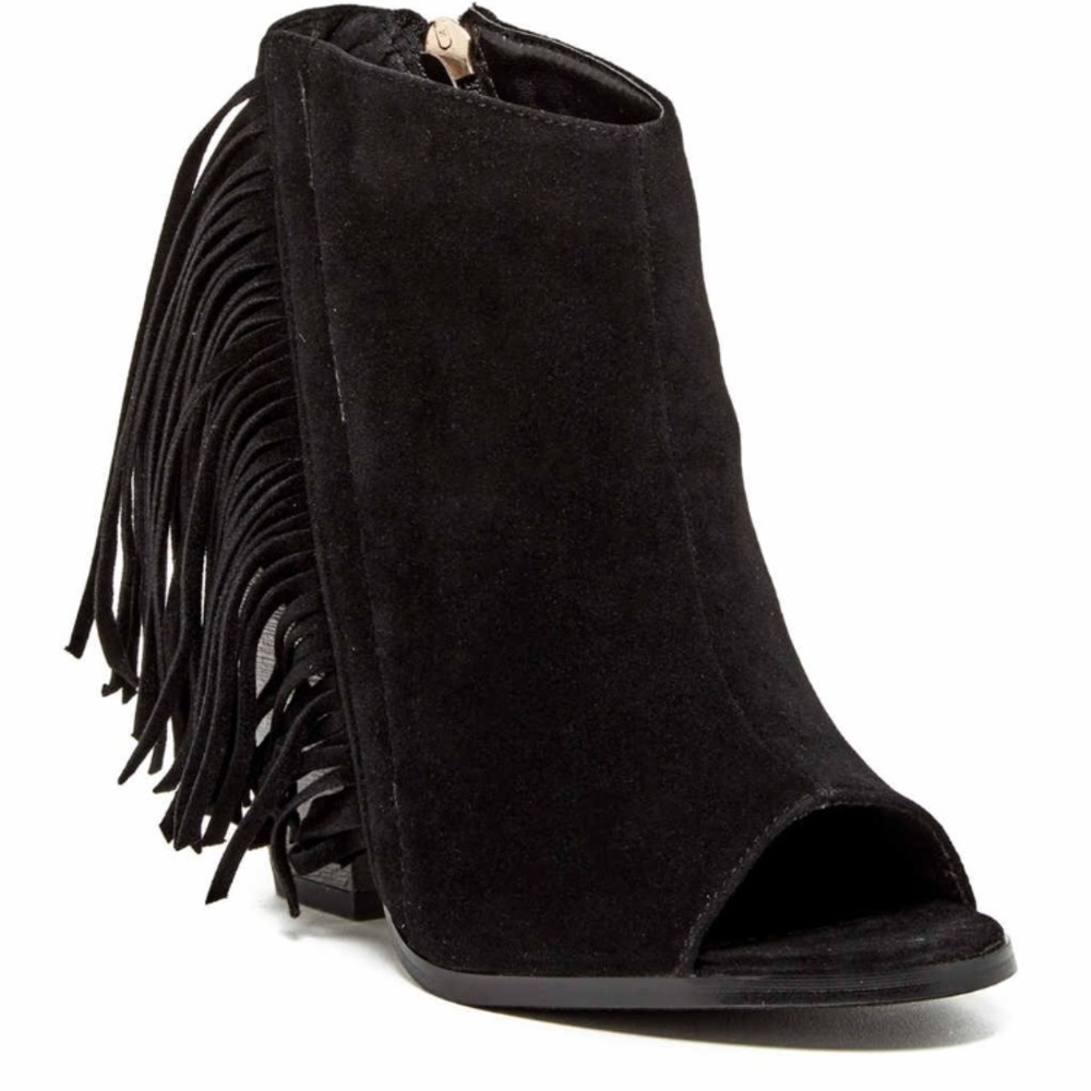 Black fringe wedge bootie