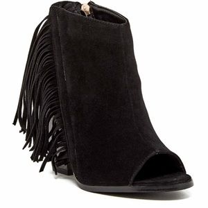Black fringe wedge bootie