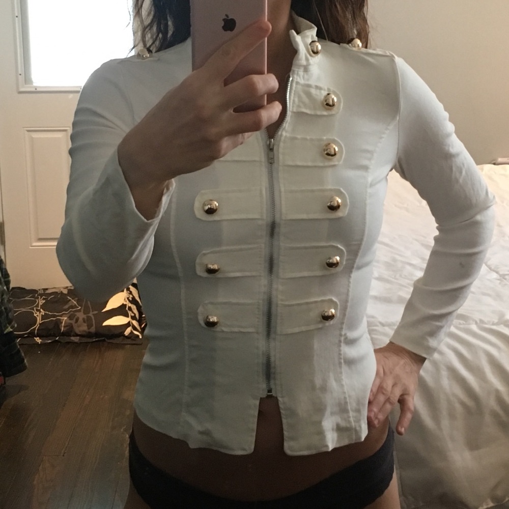 White with gold button jacket