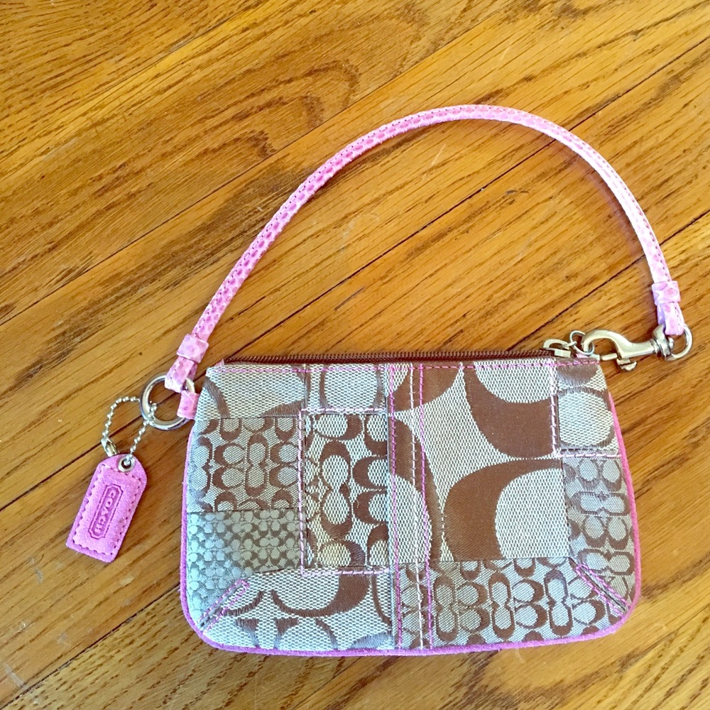 Coach pink and tan patchwork wristlet