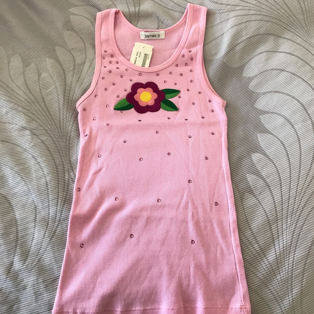 Pink Flower Tank Top With Pink Accent Rhinestones
