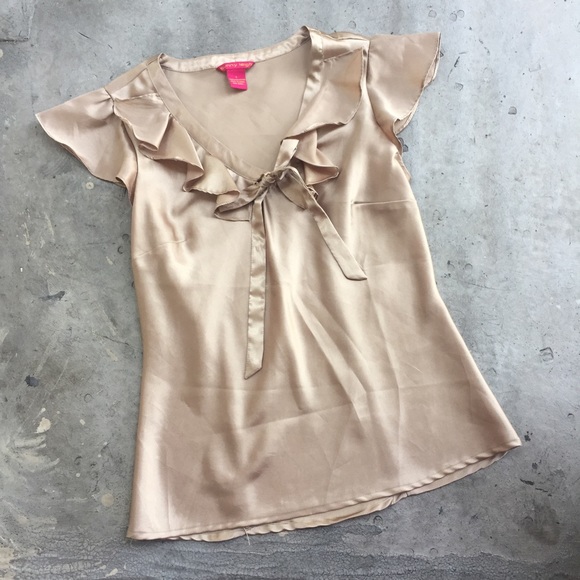 Sunny Leigh Tops - Sunny Leigh Gold V Neck Ruffle Bow Tie Blouse