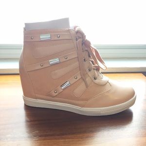 New Faux Leather Wedge Sneakers, Size 7W Blush