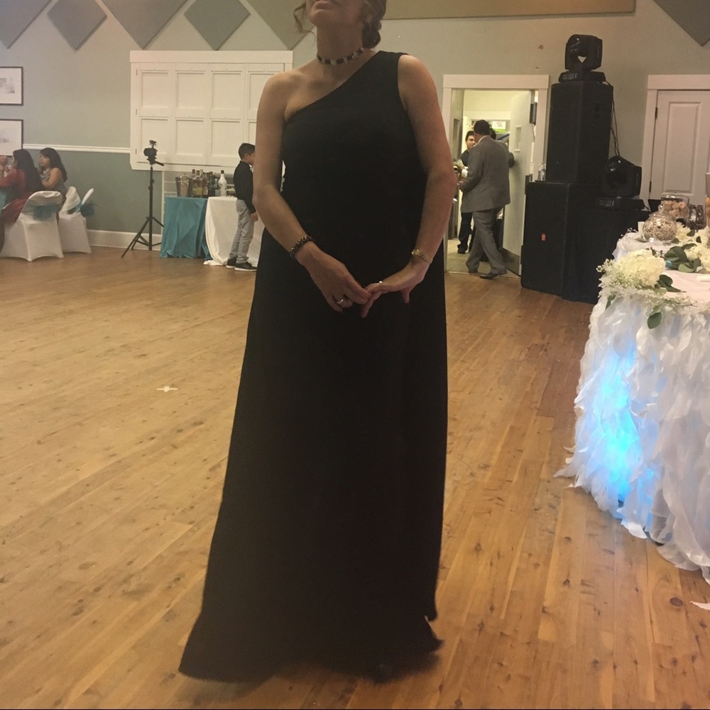 Modern black one shoulder with cape dress
