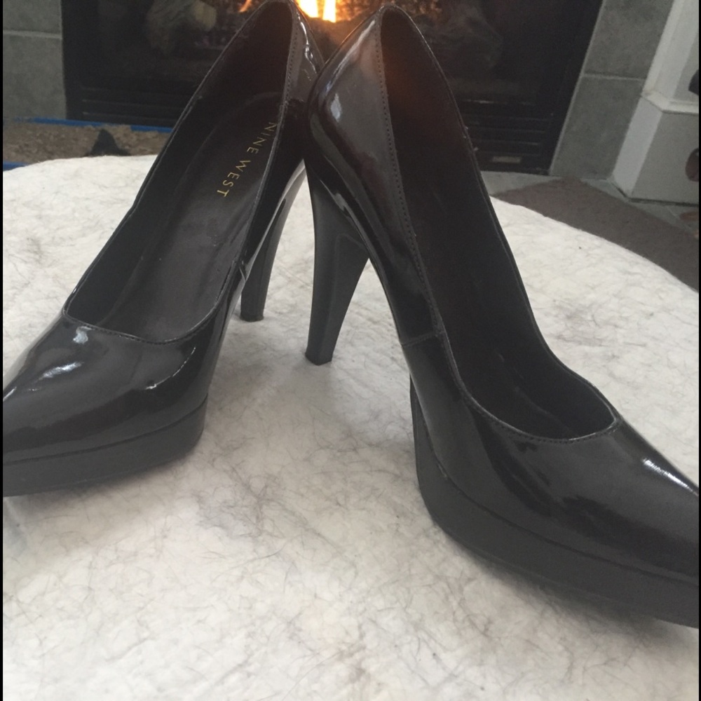 Dark brown patent heels with platform front
