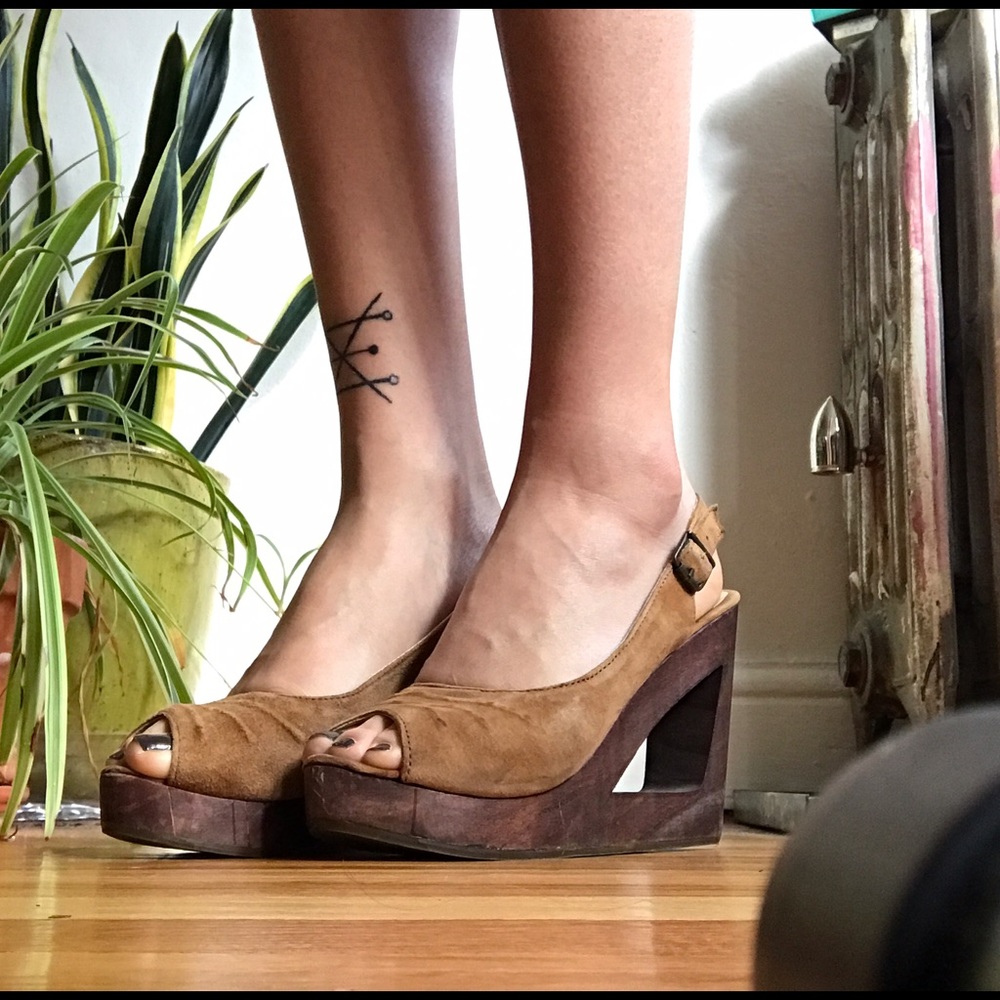 Suede & wood cutout wedges