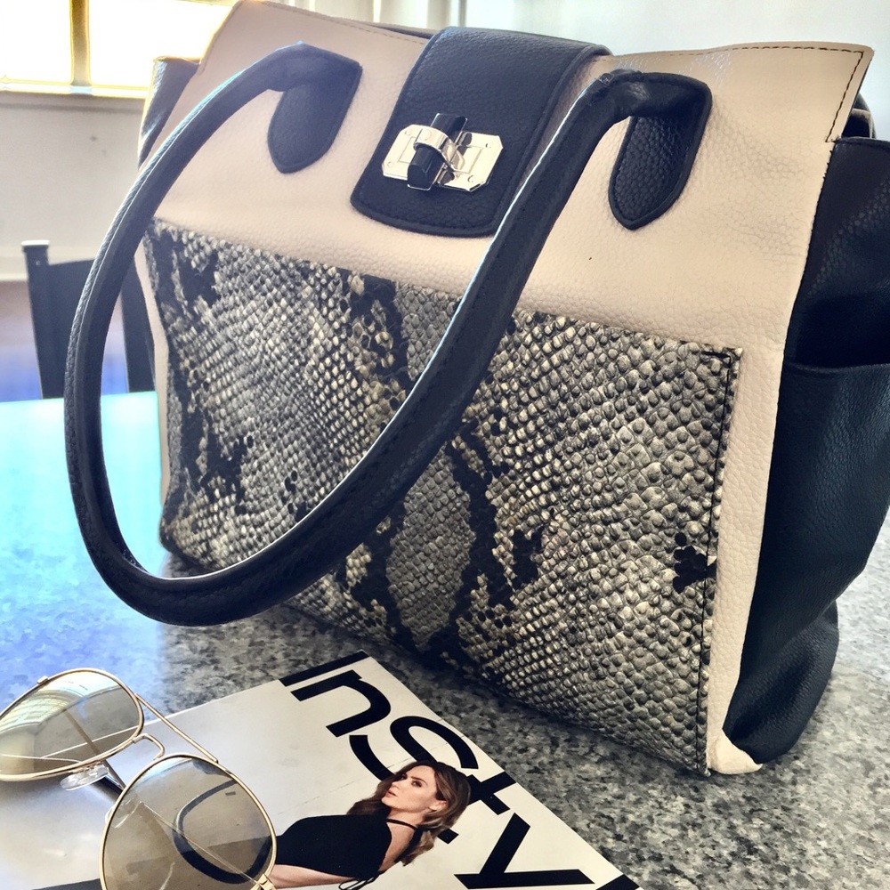 Faux Leather Snake Print Color Block Tote Handbag